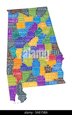 Forma Alabama. State Word cloud con divisione contea. Illustrazione a colori Alabama. I nomi delle contee sono nubi. Illustrazione vettoriale. Illustrazione Vettoriale