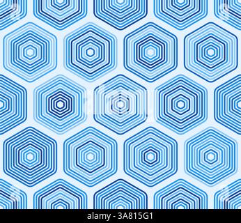Sfondo del modello geometrico. Esagoni impilati arrotondati motivo a mosaico. Toni di colore blu. Esagoni grandi. Modello a piastrelle. Illustrazione Vettoriale
