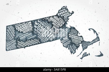 Nuvole di parole nelle contee del Massachusetts. Indicare la forma su sfondo testurizzato. Design del Massachusetts in stile tipografico. Illustrazione vettoriale creativa. Illustrazione Vettoriale