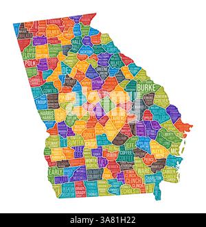 Forma georgiana. State Word cloud con divisione contea. Illustrazione colorata Georgia. I nomi delle contee sono nubi. Illustrazione vettoriale. Illustrazione Vettoriale