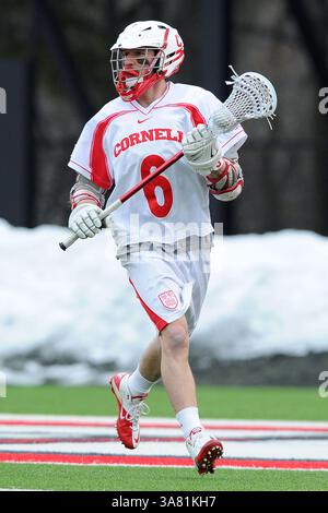 26 febbraio 2013 - Ithaca, New York, U. S - 26 febbraio 2013: L'attaccante di Cornell Big Red Steve Mock #6 scansiona il campo durante il primo quarto di una partita di Lacrosse NCAA tra i Binghamton Bearcats e i Cornell Big Red allo Schoellkopf Field di Ithaca, New York. (Immagine di credito: © Rich Barnes/Cal Sport Media/ZUMAPRESS.com) Foto Stock