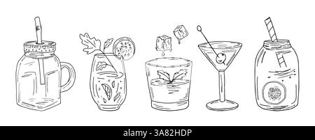 Un set di bicchieri per frullati di frutta e verdura, con ingredienti, tubi e ghiaccio. Illustrazioni vettoriali in stile doodle di cocktail sani, dieta detox bevande. Illustrazione Vettoriale