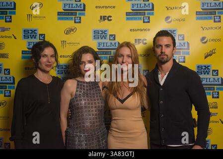 12 marzo 2013 - XAN CASSAVETES, ROXANE MESQUIDA, MILO VENTIMIGLIA e JOSEPHINE DE LA BAUME partecipano alla premiere del film SXSW per You're Next, Austin, Texas, U. S (immagine di credito: © Sandy Carson/ZUMAPRESS.com) Foto Stock