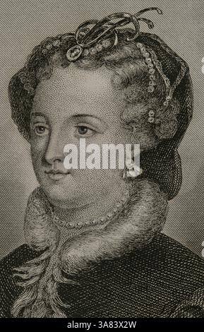Mary Stuart. Maria i di Scozia (1542-1587). Regina di Scozia (1542-1567). Dopo il suo matrimonio con Francesco II di Francia, occupò il trono di Francia (1559). Nel febbraio 1587, la regina Elisabetta i d'Inghilterra ordinò che Maria Stuart fosse decapitata, morendo come martire cattolico. Verticale. Incisione. Dettagli. Historia de las persecuciones políticas y religiosas en Europa (storia delle persecuzioni politiche e religiose in Europa). Volume IV. Pubblicato a Barcellona, 1865. Foto Stock