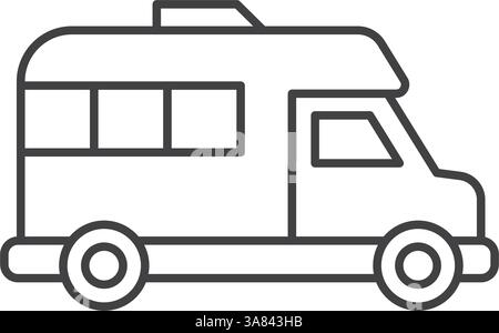 Icona di un'auto RV in linea con lo stile piatto. Illustrazione vettoriale camper su sfondo isolato. Concetto di business della segnaletica di trasporto. Illustrazione Vettoriale