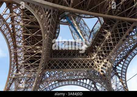 Parigi, Francia - 23 febbraio 2025: Torre Eiffel dal basso angolo. Foto Stock