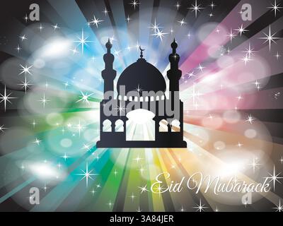 Sfondo colorato con una silhouette di una moschea e la parola Eid Muharram scritta sotto di essa. Ramadan Kareem prega Eid al-Fitr HariRaya Aidilfitri O. Illustrazione Vettoriale