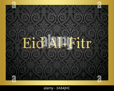 Design in oro e nero con la parola Eid al-Fitr scritta in oro. Il design è decorato ed elegante, con un senso di lusso. Ramadan Kareem pregando Eid Illustrazione Vettoriale
