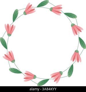 Corona floreale con fiori rosa e foglie verdi. Cornice floreale circolare con fiori rosa. Per inviti di nozze, biglietti d'auguri e decorazioni Illustrazione Vettoriale