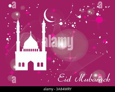 Sfondo rosa con un edificio bianco e una luna crescente. L'edificio è una moschea e la parola Eid è scritta sotto di essa. Ramadan Kareem pregando Eid A. Illustrazione Vettoriale