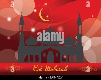 Sfondo rosso con un disegno bianco e nero di una moschea e una luna crescente. La parola Eid Mubarak è scritta sotto il disegno. Ramadan Kareem Prayi Illustrazione Vettoriale