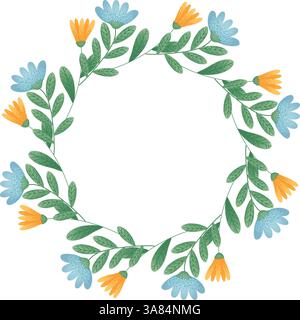 Ghirlanda floreale con fiori gialli e blu. Bordo floreale caratterizzato da fiori gialli e blu con foglie verdi che formano un motivo circolare. Per il matrimonio Illustrazione Vettoriale