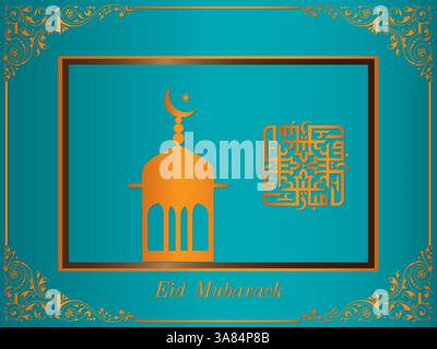 Cornice blu e oro con una moschea e la parola Eid. La cornice è decorata e i colori sono luminosi e accattivanti. Ramadan Kareem pregando Eid A. Illustrazione Vettoriale