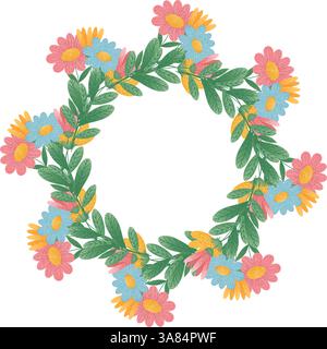 Corona floreale con fiori rosa, blu e giallo. Corona floreale circolare con fiori rosa, blu e gialli intrecciati con foglie verdi. De Illustrazione Vettoriale