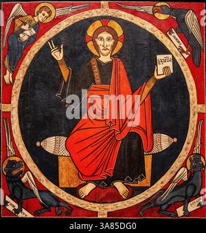Baldacchino Tost, 1220, tempera, rilievi in stucco e resti di foglie metalliche rosse su legno, chiesa romanica di Sant Martí de Tost, Ribera d'Urgellet, Alt Foto Stock