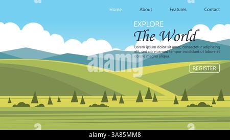Sfondo pubblicitario di viaggi primaverili. Paesaggio estivo di natura, montagne e boscaglia. Splendido banner piatto cartoni animati 2D. Vacanze e jou Illustrazione Vettoriale