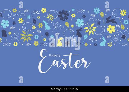 Banner saldi di buona Pasqua. Design alla moda con tipografia. Arte natalizia minimalista orizzontale. Graziosa decorazione pasquale disegnata a mano, ottima per striscioni e pareti Illustrazione Vettoriale