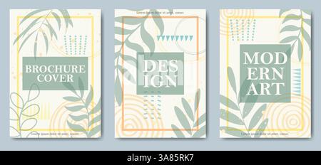 Set di modelli floreali estivi e primaverili per la promozione. Foglie disegnate a mano su sfondo testurizzato. Illustrazione piatta vettoriale per poster, opuscoli, s. Illustrazione Vettoriale