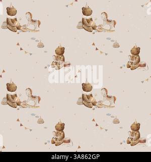Motivo con illustrazioni ad acquerello orsi, cavallo a dondolo, ghirlanda festosa su sfondo beige e caramello. Stampa di cartoni animati perfetta per il design Foto Stock