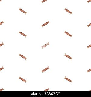 Caramelle retrò con motivo senza cuciture e dolci in un involucro rosso dai colori vivaci. Illustrazione acquerello su sfondo bianco isolato per il design tessile Foto Stock