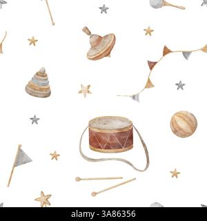 Giocattoli in legno con motivo ad acquerello, tamburo, piano girevole, piramide, palla, sonaglino nelle bandiere delle stelle e delle ghirlande. Stampa senza cuciture in stile retrò. Bambini Foto Stock