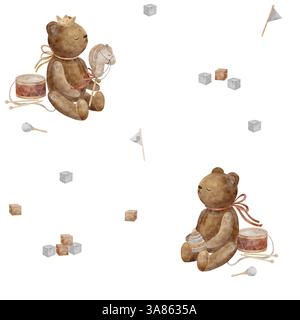 L'orsacchiotto principessa con motivo ad acquerello in una corona regge un cavallo su un bastone. Stampa senza cuciture in stile retrò. Illustrazione sfondo bambini per il design Foto Stock