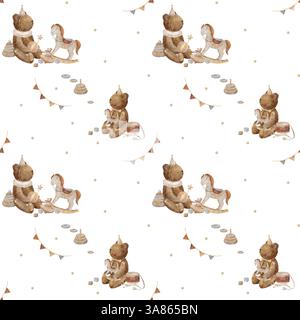 Orsetti di peluche con motivo senza cuciture, cavallo a dondolo, ghirlanda festosa di colore pastello. Illustrazione ad acquerello su sfondo bianco isolato per tessuti Foto Stock