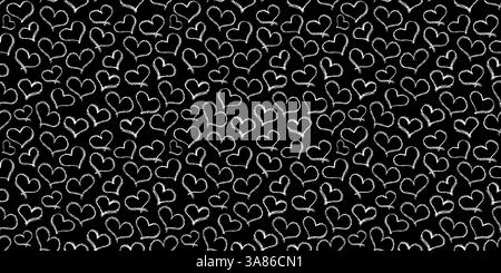 Pattern cuori senza cuciture. Simboli d'amore a forma di pastello bianco in stile doodle. Ornamento di elementi di cuori di bambini disegnati a mano. Disegni di graffiti monocromatici Illustrazione Vettoriale