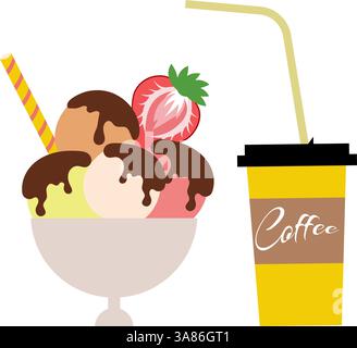 Collezione di gelati. Palline di gelato alla frutta con cioccolato in una ciotola da gelato e caffè. Illustrazione vettoriale, isolata su sfondo bianco. Illustrazione Vettoriale