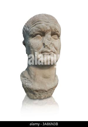 Statua in marmo romano testa dell'imperatore Vespasiano, 69-79 d.C., scavata a Cartagine in Tunisia. British Museum di Londra. inv. 1850.3-4,35. Foto Stock