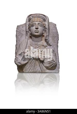Monumento in pietra calcarea romana, busto ritratto di una donna proveniente da un cimitero romano di Palmyrene, 50-270 d.C., nella storica Palmyra, Siria. British Museum di Londra. Foto Stock