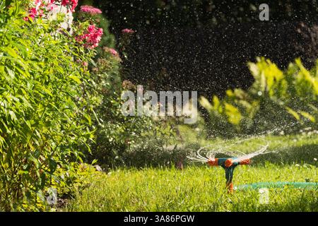 Irrigatore da giardino nelle soleggiate giornate estive durante l'innaffiatura del prato verde in giardino. Sistema di irrigazione intelligente automatico. Primo piano. Foto Stock