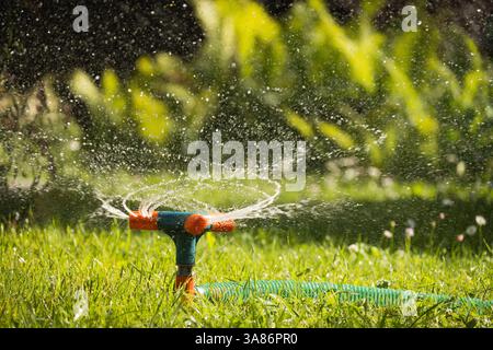 Irrigatore da giardino nelle giornate di sole durante l'innaffiatura del prato verde in giardino. Sistema di irrigazione intelligente automatico. Stagione estiva. Primo piano. Foto Stock