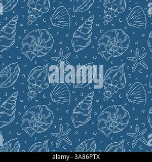 Motivo senza cuciture con conchiglie disegnate a mano stelle marine ed elementi oceanici su sfondo blu. Design artistico di linea perfetto per tessuti, carta da parati e involucri Illustrazione Vettoriale