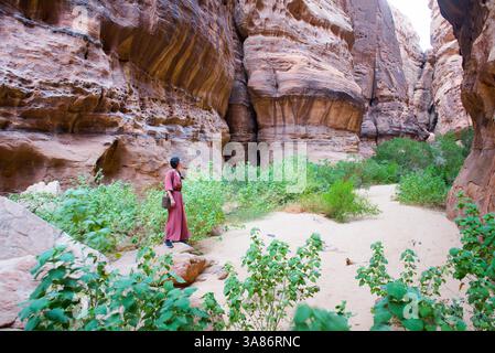 Donna che cammina sul fondo di un canyon con pareti di arenaria nella riserva naturale di Sharaan, Alula, provincia di Medina, Arabia Saudita Foto Stock