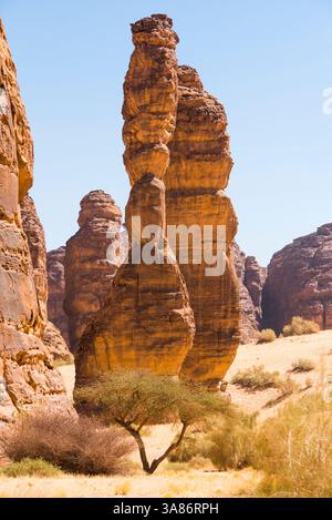 Straordinaria struttura in pietra arenaria chiamata Dancing Rocks nella riserva naturale di Sharaan, Alula, provincia di Medina, Arabia Saudita Foto Stock