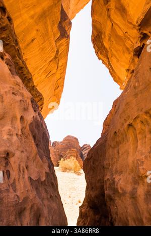 Ammira la straordinaria struttura in pietra arenaria chiamata Dancing Rocks, la riserva naturale di Sharaan, Alula, la provincia di Medina, Arabia Saudita Foto Stock