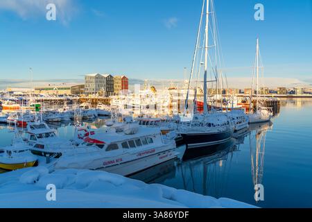 Vista delle barche e degli edifici colorati intorno a Hafnarfjorour Marina in inverno, Hafnarfjorour, Islanda Foto Stock