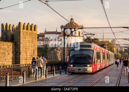 La linea della metropolitana leggera sul ponte Dom Luís i e sulle mura di Dom Fernando (Mura Fernandine), fiume Douro, Porto, Norte, Portogallo, Europa Foto Stock
