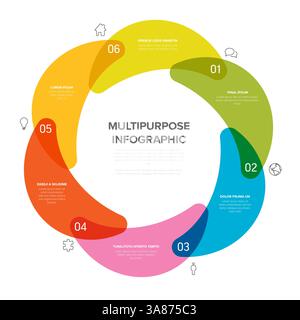 Questa vivace infografica circolare presenta sei sezioni in colori diversi per una presentazione dei dati diversificata. Il design è multiuso, ideale per il busin Illustrazione Vettoriale