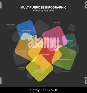 Infografica scura polivalente con forme colorate sovrapposte, tra cui quadrati arancioni, verdi e blu. È caratterizzato da icone minimali, segnaposto tex Illustrazione Vettoriale