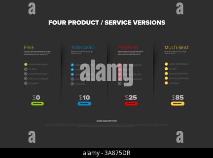 Una moderna tabella dei prezzi scuri che mostra quattro opzioni di prodotti o servizi: Gratis, Standard, Premium e multiposto. Ogni piano include le caratteristiche e. Illustrazione Vettoriale