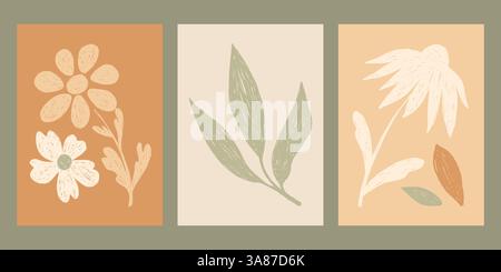 Set di poster con fiori disegnati in pastello astratto. Boho design minimali con foglie e fiori disegnati a matita. Sfondo d'arte moderna per la copertina Illustrazione Vettoriale