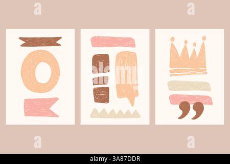 Set di stampe da parete con forme astratte disegnate in pastello boho. Stravaganti modelli per poster con forme geometriche in stile pastello o matita. Moderno Illustrazione Vettoriale