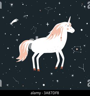 Un simpatico unicorno sullo sfondo del cielo notturno. Sognare e creare un concetto di desiderio. Illustrazione vettoriale Illustrazione Vettoriale