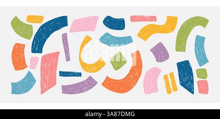 Set di forme e forme di confetti astratti del pastello. Coriandoli retrò disegnati a mano con pastello, gesso o carbone disegnati manualmente su carta. Audace scanalatura Illustrazione Vettoriale