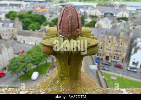 Finitura in pietra scolpita e vista dalla cima della cattedrale di San Magnus, Kirkwall, Orcadi, Scozia Foto Stock