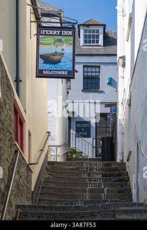 Ammira i gradini dall'attracco del traghetto a Forestreet passando davanti al Ferry Inn, che in primavera è stato girato con il cielo blu. Foto Stock