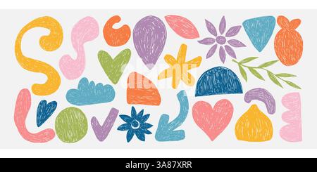 Set di forme e forme astratte per pastelli. Forme retrò disegnate a mano con trama di pastello, gesso o carbone disegnata manualmente su carta. Audace e bizzarro Illustrazione Vettoriale