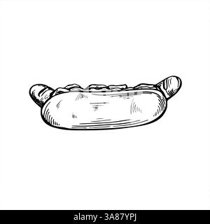 frankfurter monocromatico vettoriale in panino con inchiostro a righe di salse in bianco e nero. Sandwich classico con salsiccia, stile hot dog. Strada americana Illustrazione Vettoriale